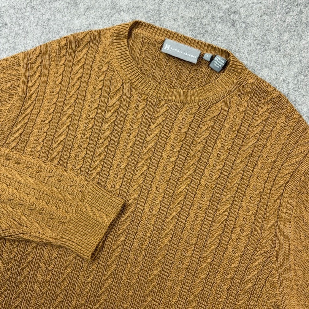 Hickey‎ Freeman Sweater Mens Large Gold Silk Blend Cable Knit Crewneck Classic